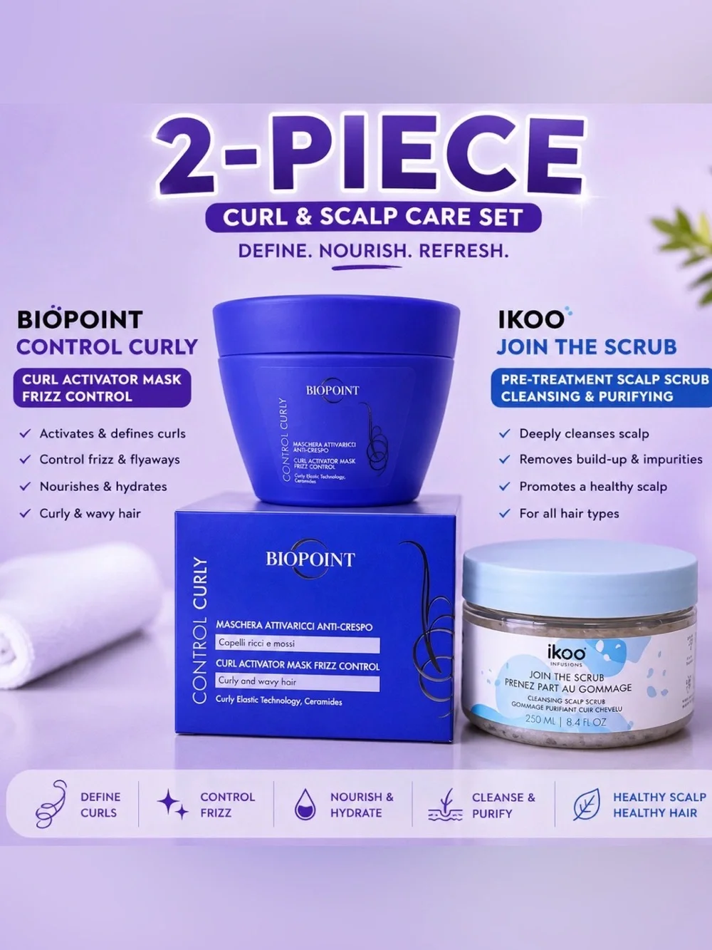 Biopoint Control Curly Curl Activator Mask + Ikoo Scalp Scrub Set - Blue